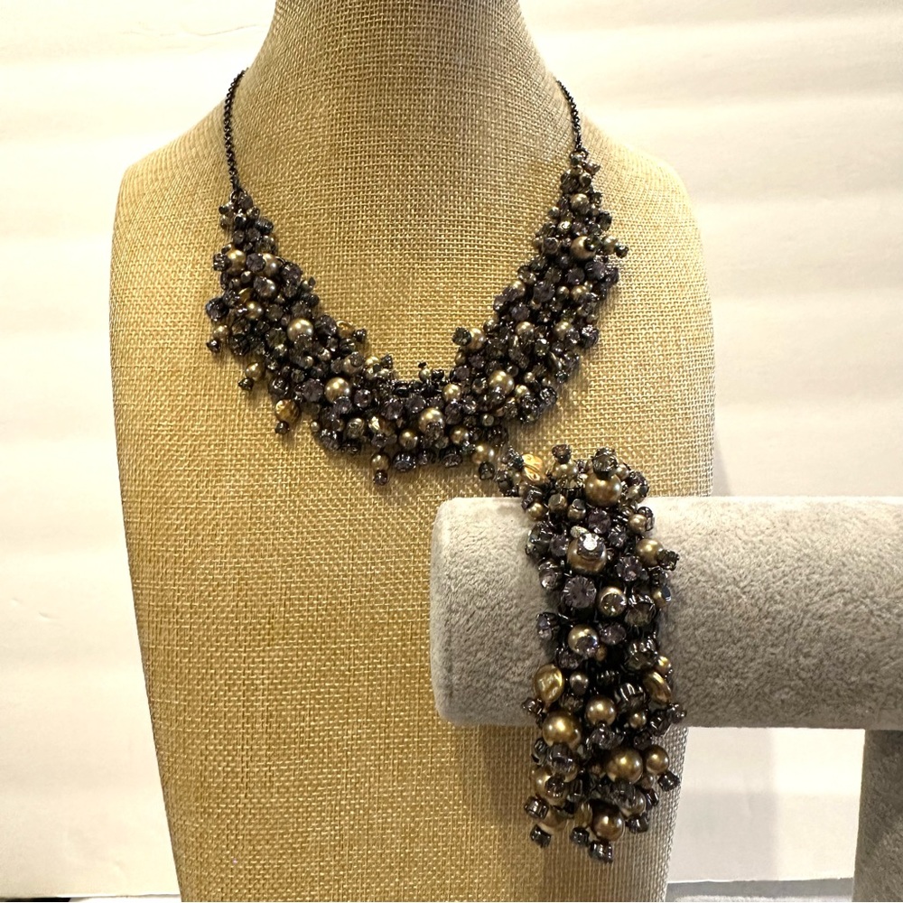 NWT Talbots Necklace & Bracelet set-gunmetal w/ rhinestones & golden faux pearls